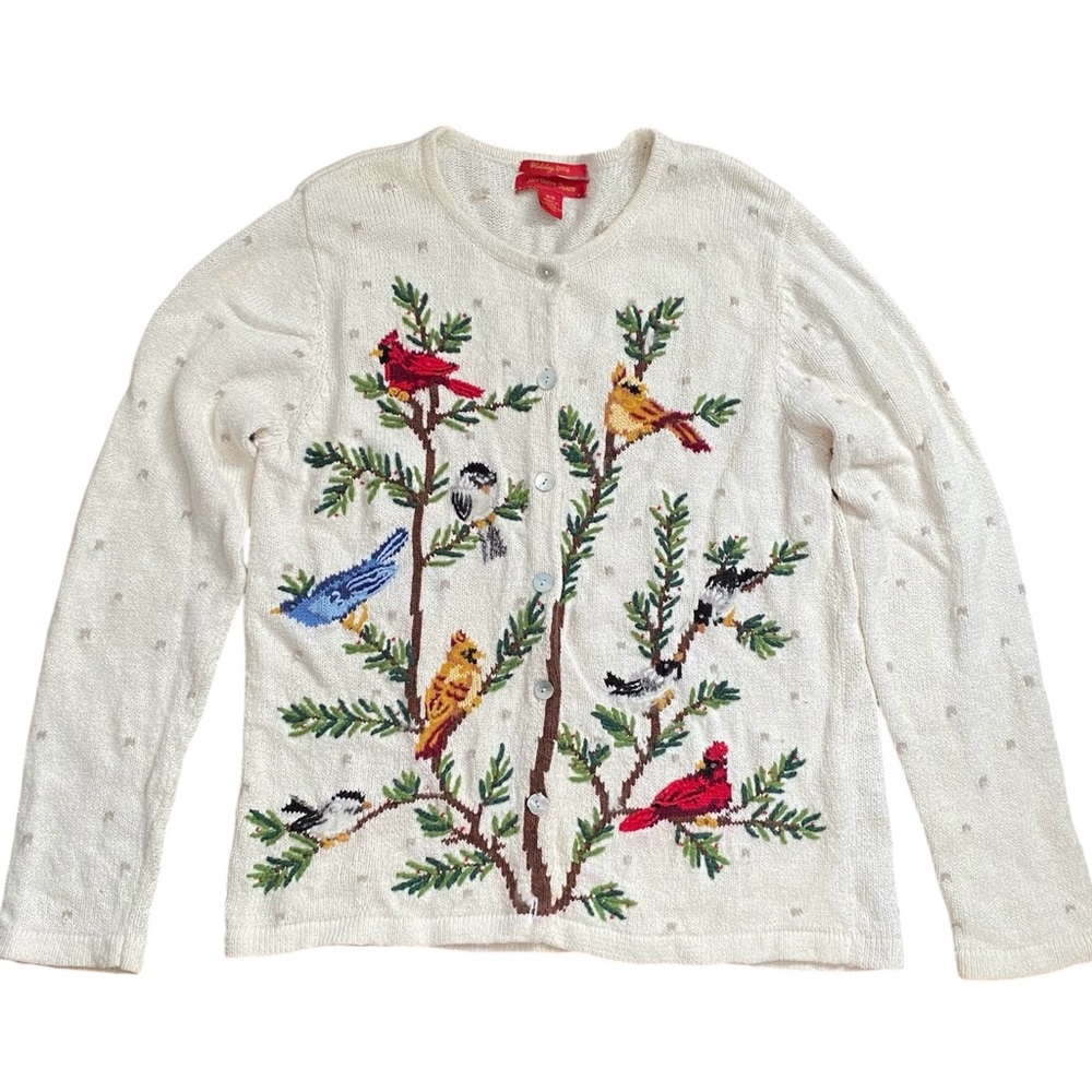 Northern Isles Holiday 2004 Snow Birds Embroidered Cardigan Sweater Womenโs M